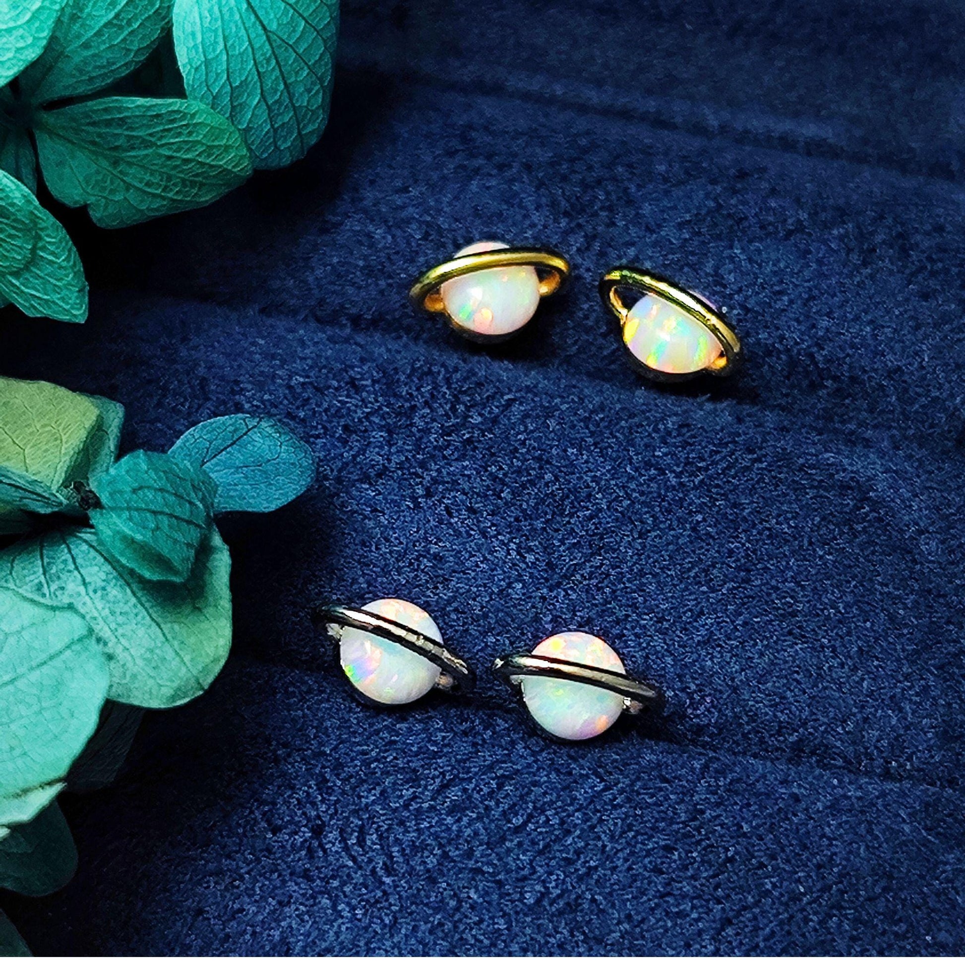 White Fire Opal Saturn Stud Earrings Sterling Silver Post Gold Plated White Opal Planet Stud Earrings Minimalist