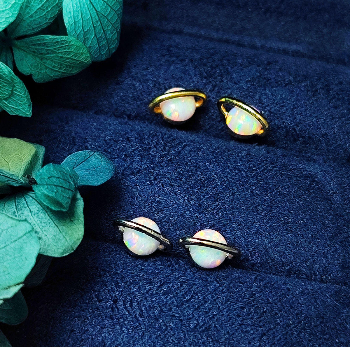 White Fire Opal Saturn Stud Earrings Sterling Silver Post Gold Plated White Opal Planet Stud Earrings Minimalist