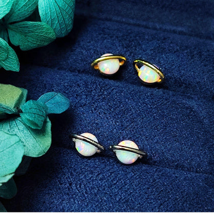White Fire Opal Saturn Stud Earrings Sterling Silver Post Gold Plated White Opal Planet Stud Earrings Minimalist
