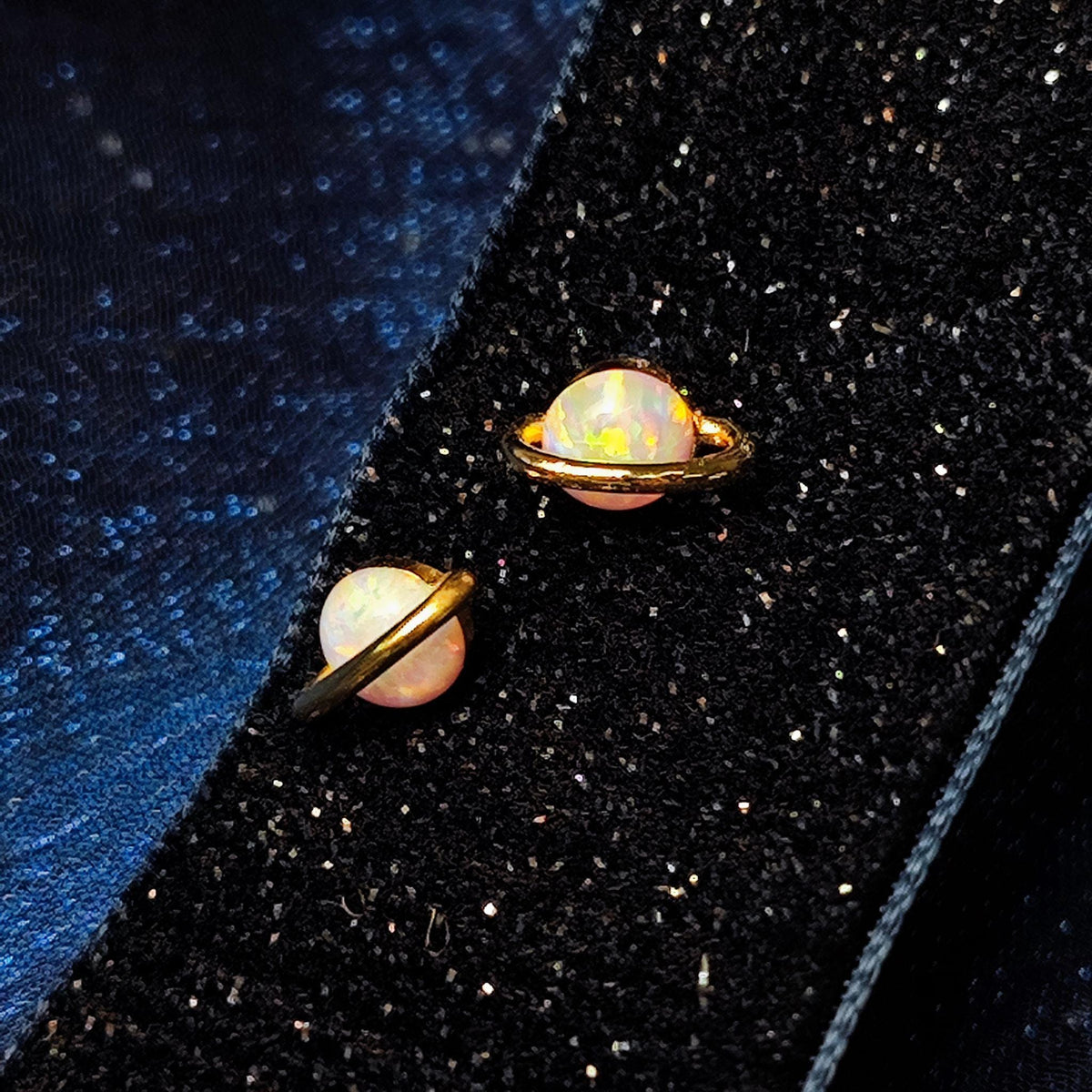 White Fire Opal Saturn Stud Earrings Sterling Silver Post Gold Plated White Opal Planet Stud Earrings Minimalist
