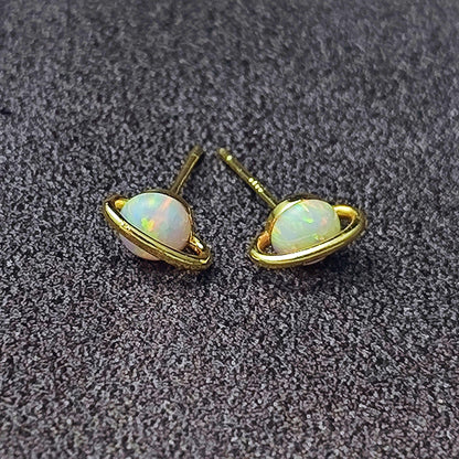 White Fire Opal Saturn Stud Earrings Sterling Silver Post Gold Plated White Opal Planet Stud Earrings Minimalist