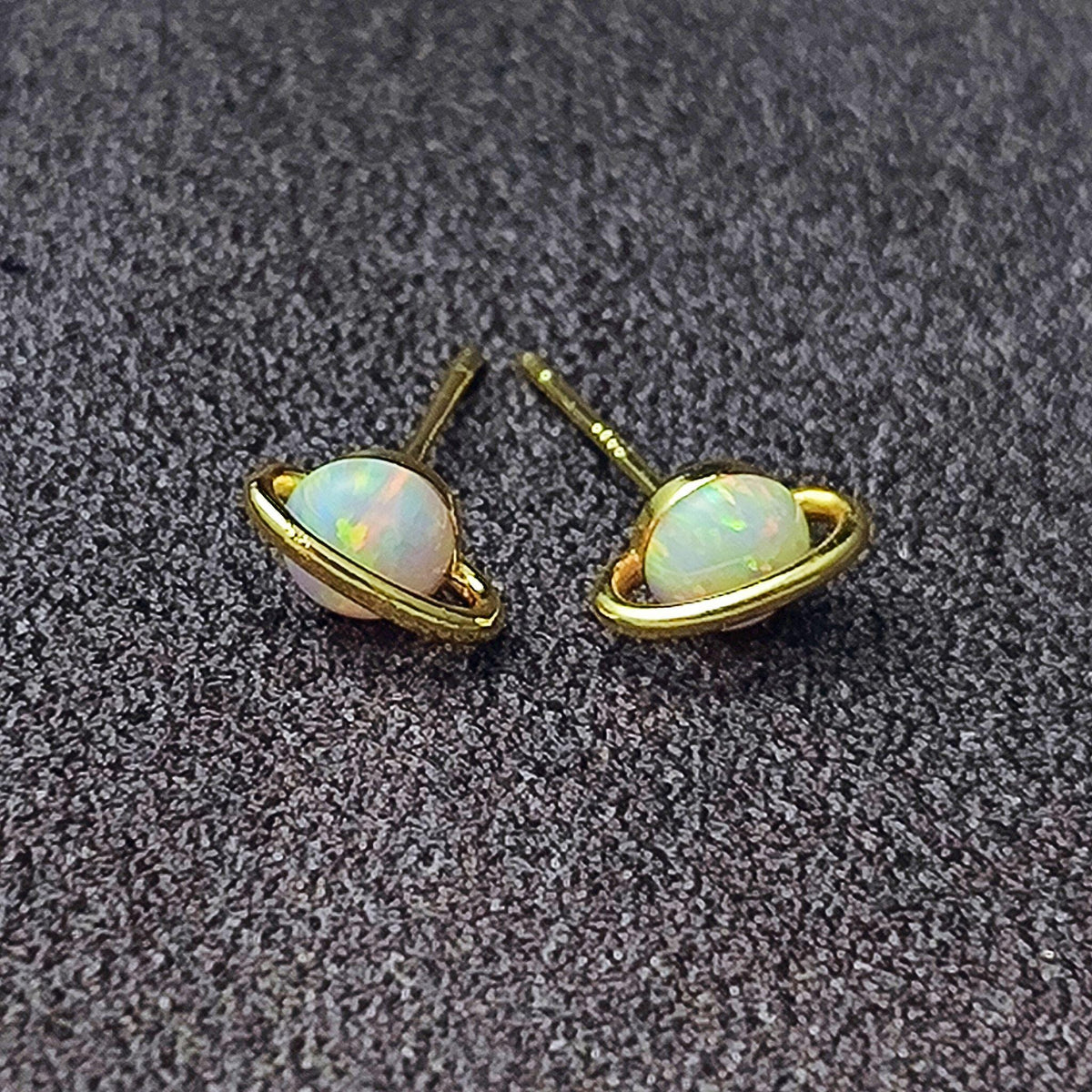 White Fire Opal Saturn Stud Earrings Sterling Silver Post Gold Plated White Opal Planet Stud Earrings Minimalist