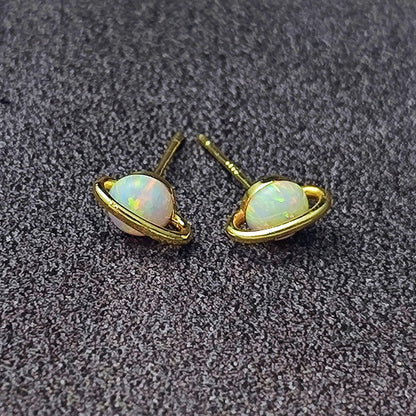 White Fire Opal Saturn Stud Earrings Sterling Silver Post Gold Plated White Opal Planet Stud Earrings Minimalist