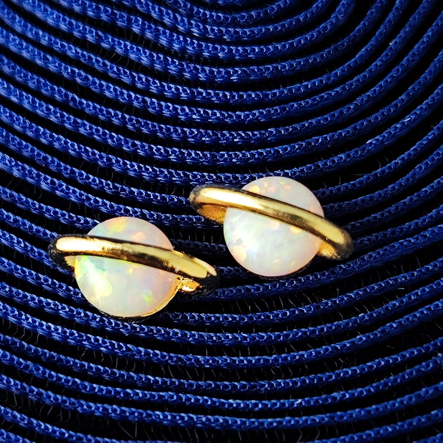 White Fire Opal Saturn Stud Earrings Sterling Silver Post Gold Plated White Opal Planet Stud Earrings Minimalist