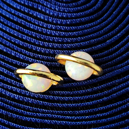 White Fire Opal Saturn Stud Earrings Sterling Silver Post Gold Plated White Opal Planet Stud Earrings Minimalist