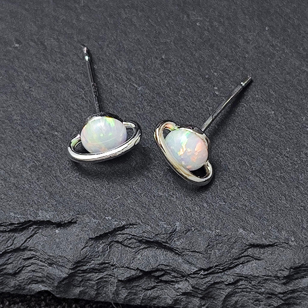 White Fire Opal Saturn Stud Earrings Sterling Silver Post Gold Plated White Opal Planet Stud Earrings Minimalist