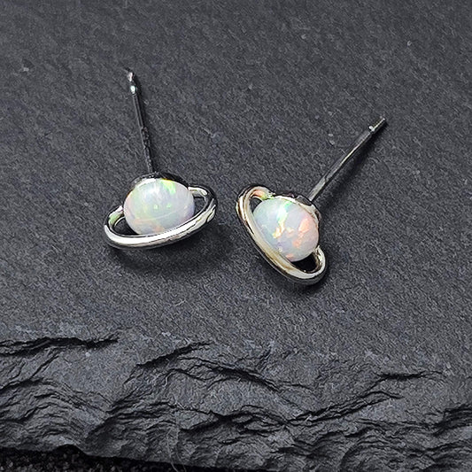 White Fire Opal Saturn Stud Earrings Sterling Silver Post Gold Plated White Opal Planet Stud Earrings Minimalist