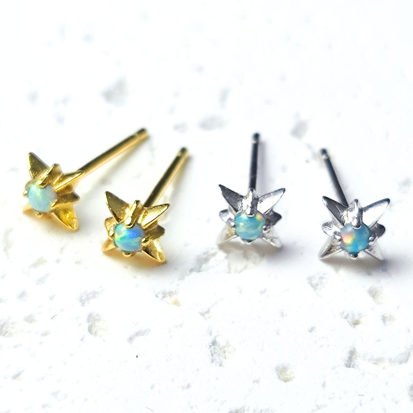 Delicate Starburst Opal Stone Sterling Silver Stud Earrings, Tiny Opal Small North Pole Star Earrings, Celestial Jewelry, Sunburst Earrings