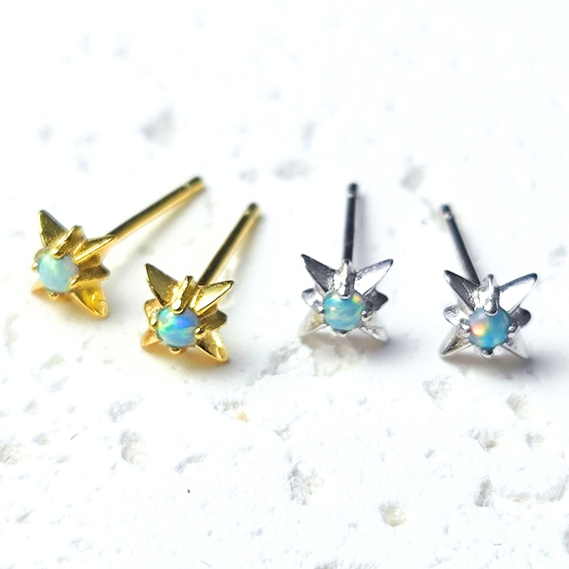 Delicate Starburst Opal Stone Sterling Silver Stud Earrings, Tiny Opal Small North Pole Star Earrings, Celestial Jewelry, Sunburst Earrings