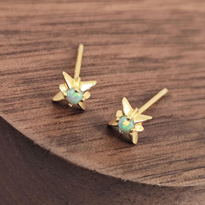 Delicate Starburst Opal Stone Sterling Silver Stud Earrings, Tiny Opal Small North Pole Star Earrings, Celestial Jewelry, Sunburst Earrings