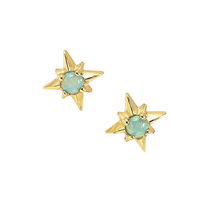 Delicate Starburst Opal Stone Sterling Silver Stud Earrings, Tiny Opal Small North Pole Star Earrings, Celestial Jewelry, Sunburst Earrings