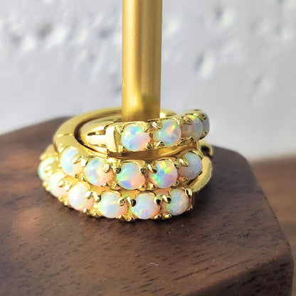 White Fire Opal Huggie Hoop Earrings, White Opal Sterling Silver Earrings, Opal Stone Hoop Earrings Option 6mm, 8mm, 10mm