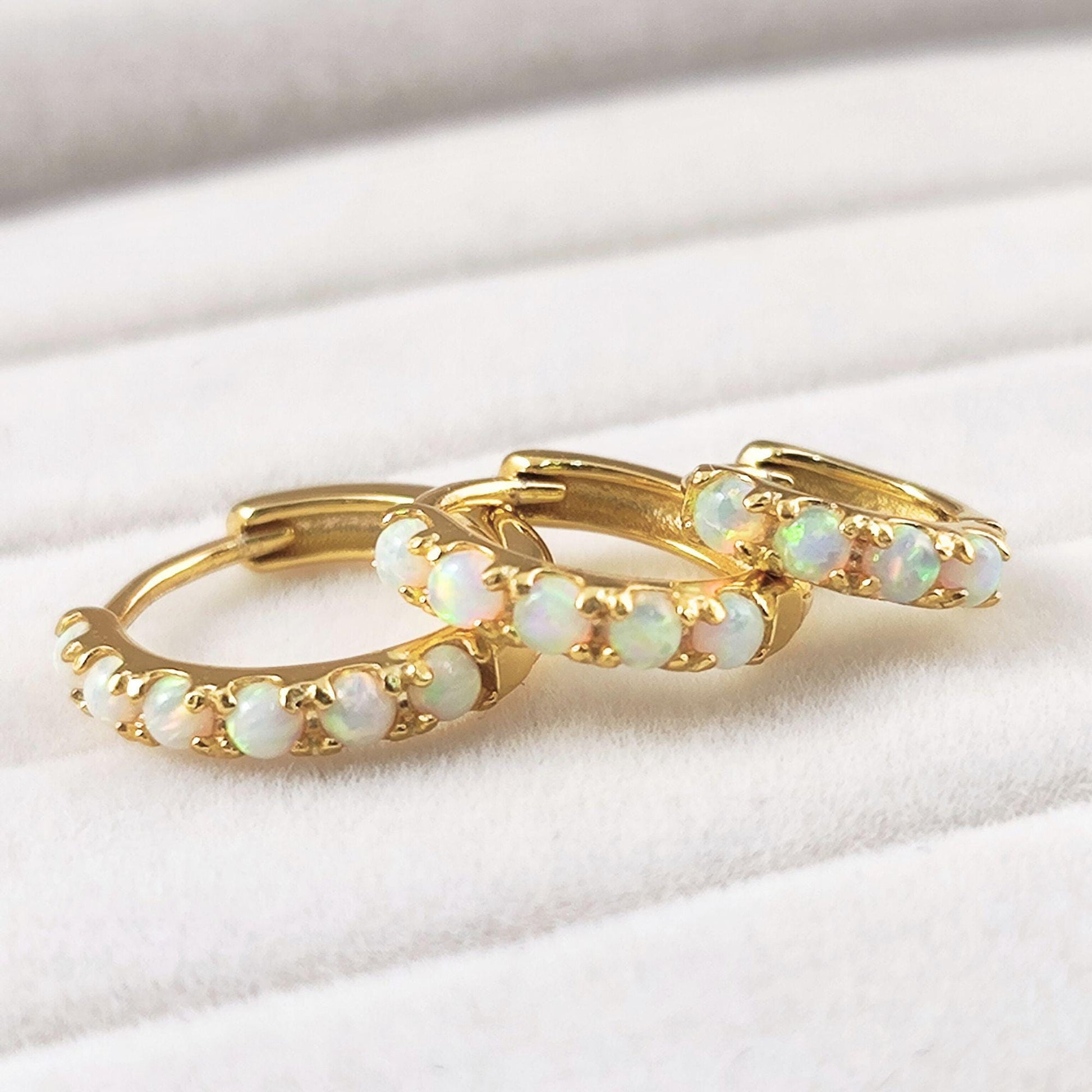 White Fire Opal Huggie Hoop Earrings, White Opal Sterling Silver Earrings, Opal Stone Hoop Earrings Option 6mm, 8mm, 10mm