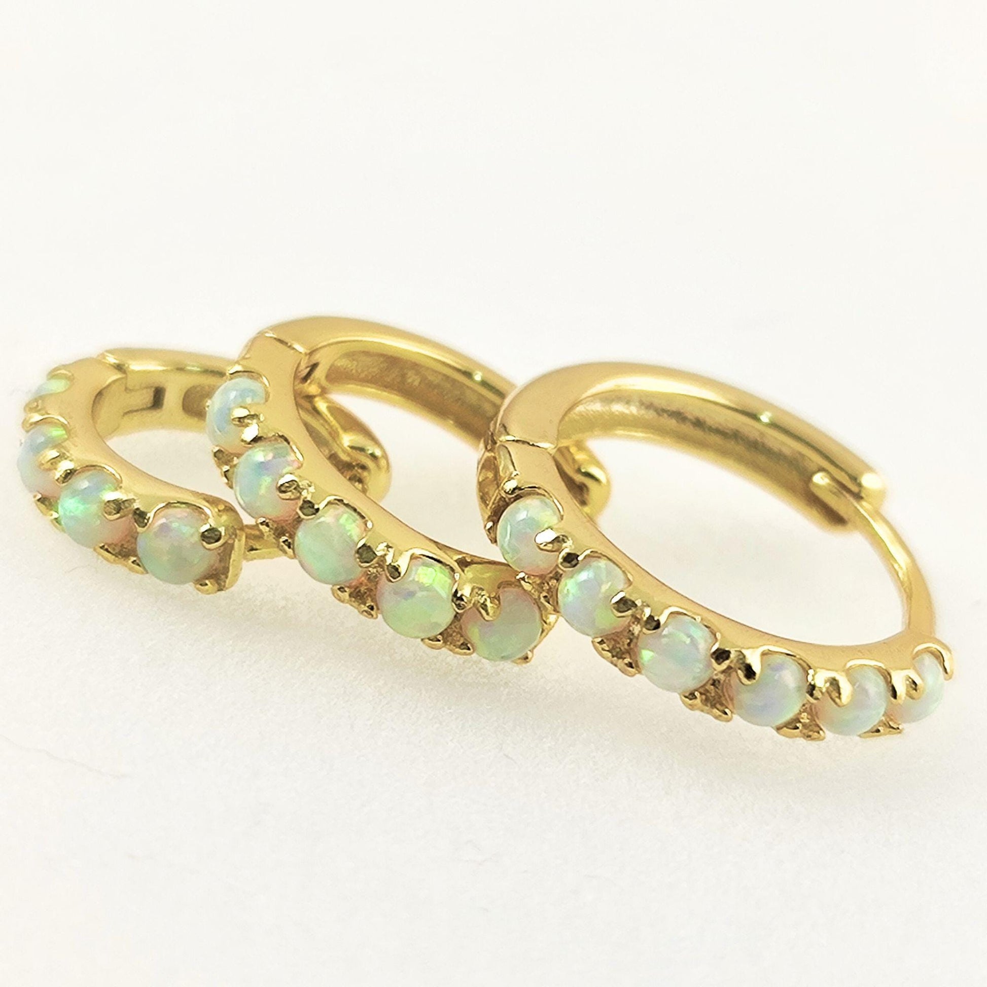 White Fire Opal Huggie Hoop Earrings, White Opal Sterling Silver Earrings, Opal Stone Hoop Earrings Option 6mm, 8mm, 10mm