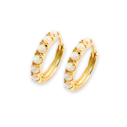 White Fire Opal Huggie Hoop Earrings, White Opal Sterling Silver Earrings, Opal Stone Hoop Earrings Option 6mm, 8mm, 10mm