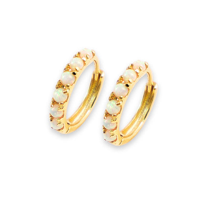 White Fire Opal Huggie Hoop Earrings, White Opal Sterling Silver Earrings, Opal Stone Hoop Earrings Option 6mm, 8mm, 10mm