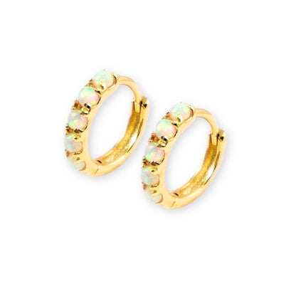 White Fire Opal Huggie Hoop Earrings, White Opal Sterling Silver Earrings, Opal Stone Hoop Earrings Option 6mm, 8mm, 10mm