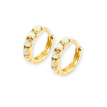 White Fire Opal Huggie Hoop Earrings, White Opal Sterling Silver Earrings, Opal Stone Hoop Earrings Option 6mm, 8mm, 10mm