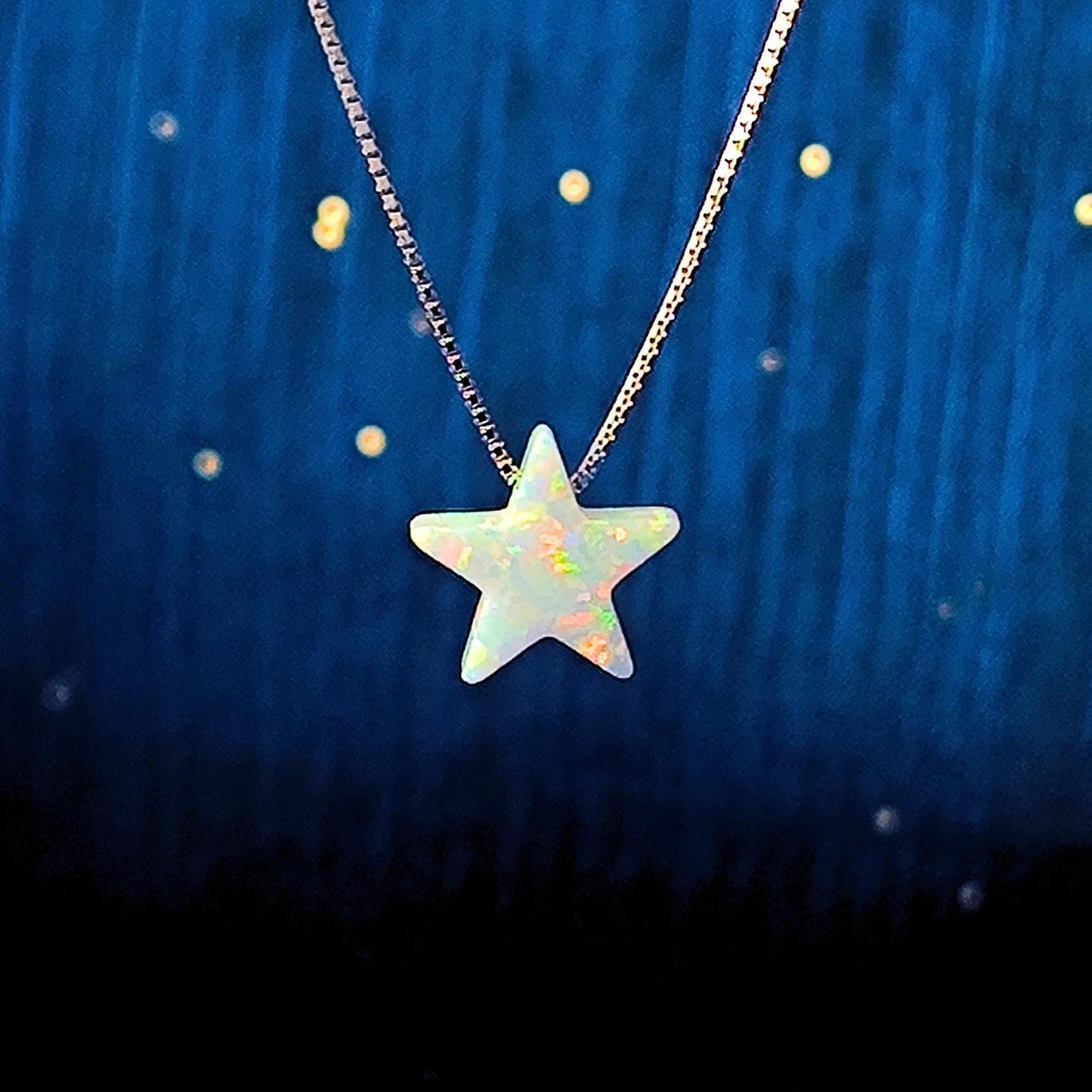 Opal Star Necklace Fire Opal Star Charm Pendant Sterling Silver Box Necklace White, Blue, Dark Blue Options