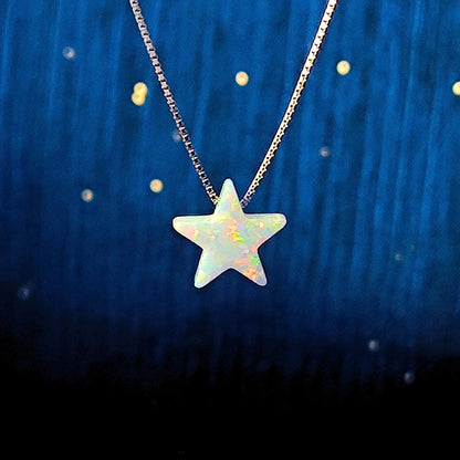 Opal Star Necklace Fire Opal Star Charm Pendant Sterling Silver Box Necklace White, Blue, Dark Blue Options