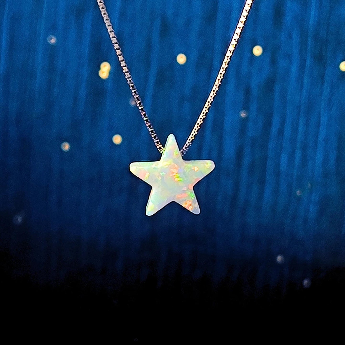 Opal Star Necklace Fire Opal Star Charm Pendant Sterling Silver Box Necklace White, Blue, Dark Blue Options