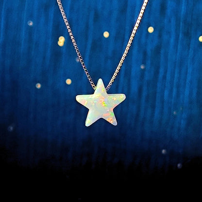 Opal Star Necklace Fire Opal Star Charm Pendant Sterling Silver Box Necklace White, Blue, Dark Blue Options