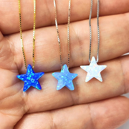 Opal Star Necklace Fire Opal Star Charm Pendant Sterling Silver Box Necklace White, Blue, Dark Blue Options