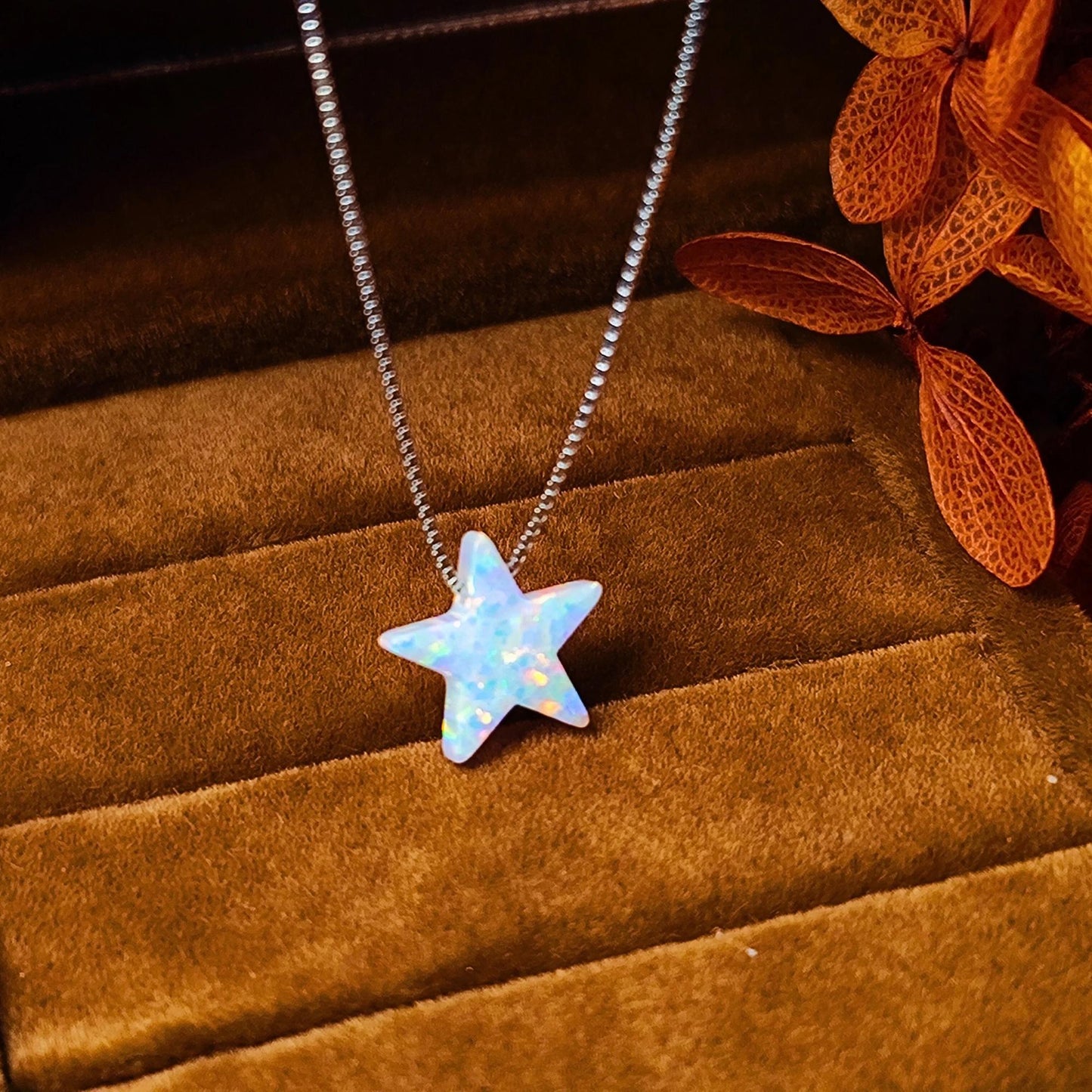 Opal Star Necklace Fire Opal Star Charm Pendant Sterling Silver Box Necklace White, Blue, Dark Blue Options
