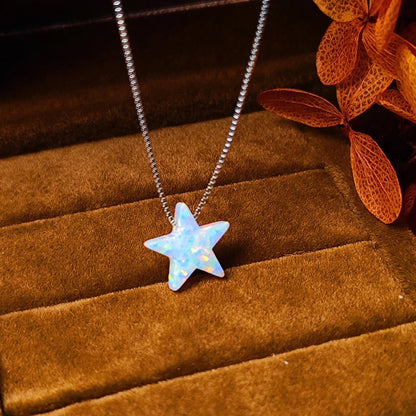 Opal Star Necklace Fire Opal Star Charm Pendant Sterling Silver Box Necklace White, Blue, Dark Blue Options