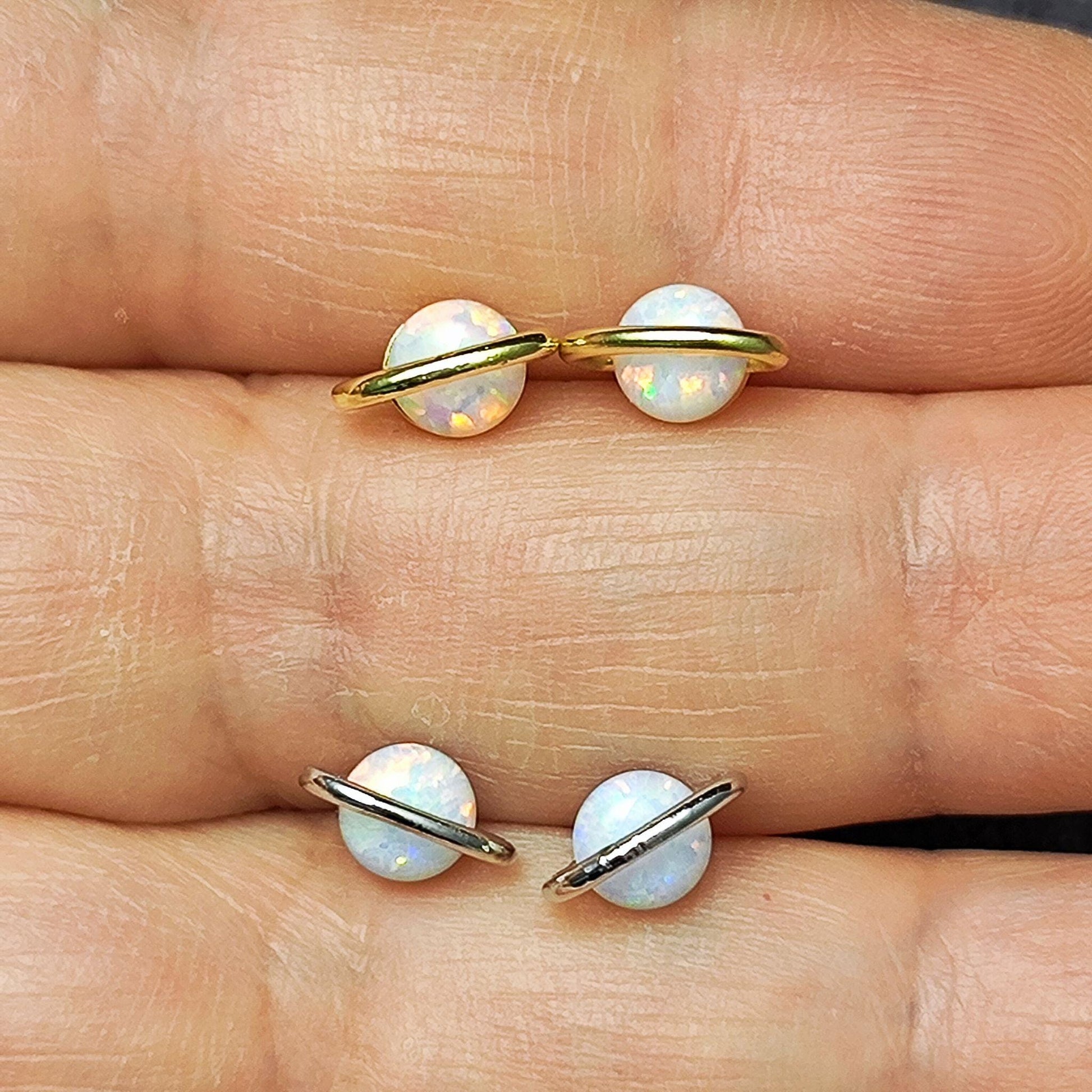 White Fire Opal Saturn Stud Earrings Sterling Silver Post Gold Plated White Opal Planet Stud Earrings Minimalist