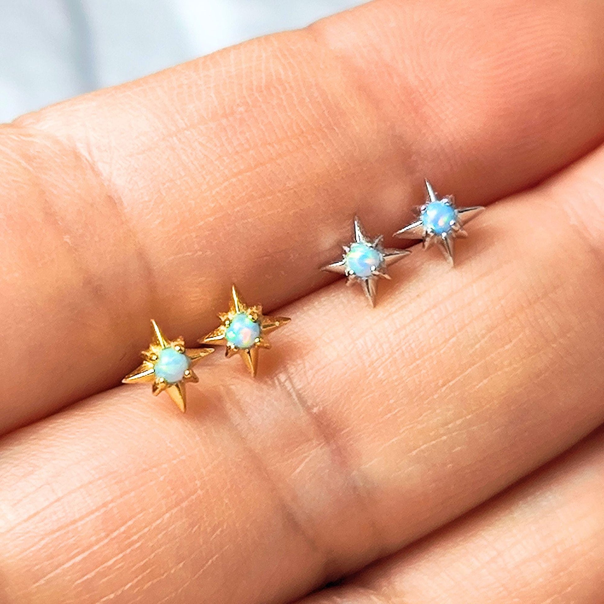 Delicate Starburst Opal Stone Sterling Silver Stud Earrings, Tiny Opal Small North Pole Star Earrings, Celestial Jewelry, Sunburst Earrings