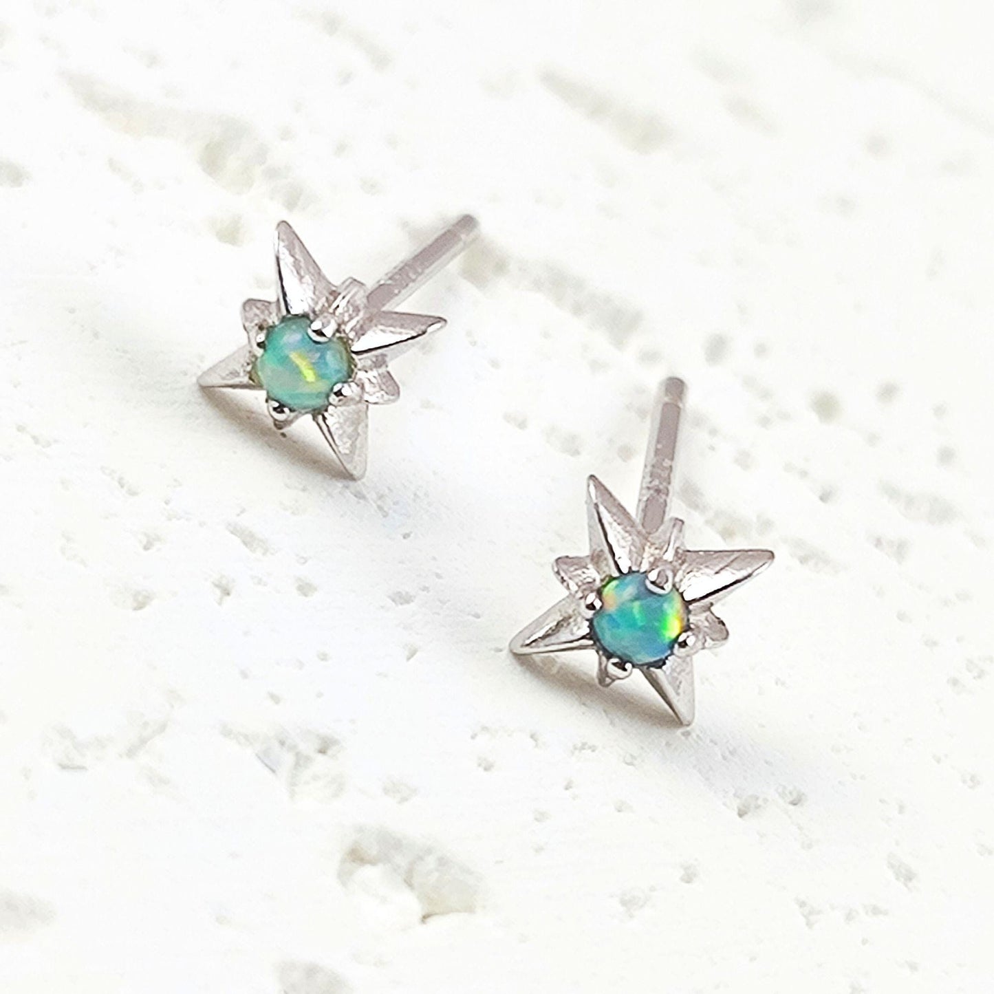 Delicate Starburst Opal Stone Sterling Silver Stud Earrings, Tiny Opal Small North Pole Star Earrings, Celestial Jewelry, Sunburst Earrings
