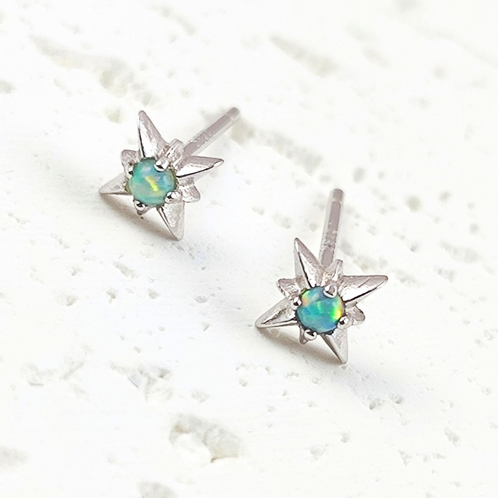 Delicate Starburst Opal Stone Sterling Silver Stud Earrings, Tiny Opal Small North Pole Star Earrings, Celestial Jewelry, Sunburst Earrings