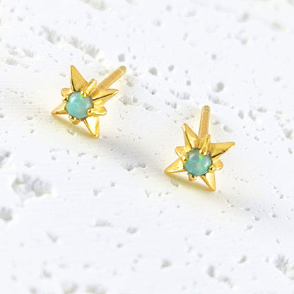 Delicate Starburst Opal Stone Sterling Silver Stud Earrings, Tiny Opal Small North Pole Star Earrings, Celestial Jewelry, Sunburst Earrings