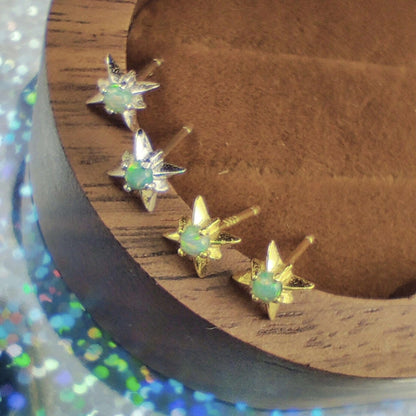 Delicate Starburst Opal Stone Sterling Silver Stud Earrings, Tiny Opal Small North Pole Star Earrings, Celestial Jewelry, Sunburst Earrings