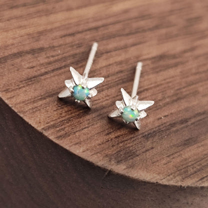 Delicate Starburst Opal Stone Sterling Silver Stud Earrings, Tiny Opal Small North Pole Star Earrings, Celestial Jewelry, Sunburst Earrings