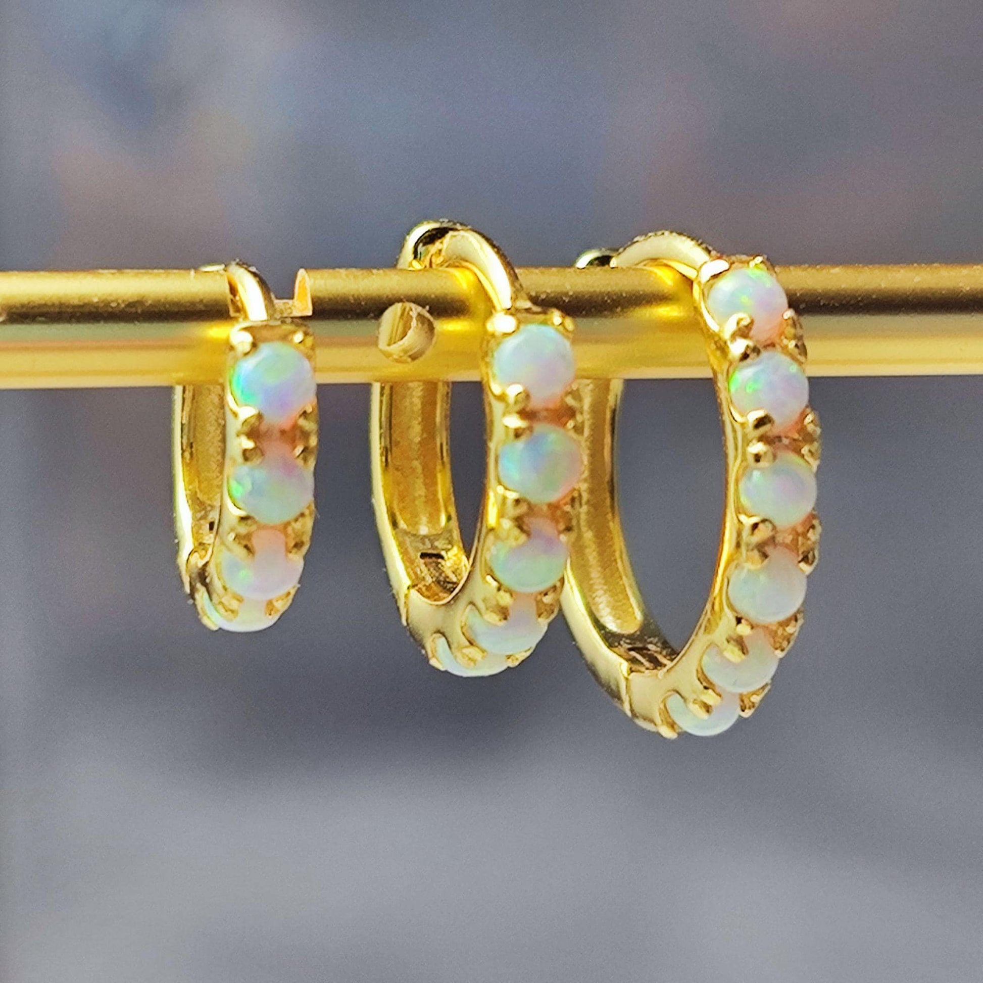 White Fire Opal Huggie Hoop Earrings, White Opal Sterling Silver Earrings, Opal Stone Hoop Earrings Option 6mm, 8mm, 10mm