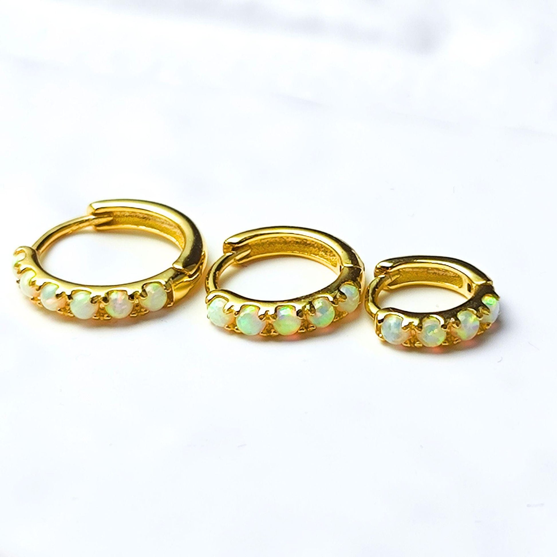 White Fire Opal Huggie Hoop Earrings, White Opal Sterling Silver Earrings, Opal Stone Hoop Earrings Option 6mm, 8mm, 10mm
