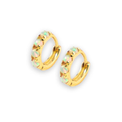 White Fire Opal Huggie Hoop Earrings, White Opal Sterling Silver Earrings, Opal Stone Hoop Earrings Option 6mm, 8mm, 10mm