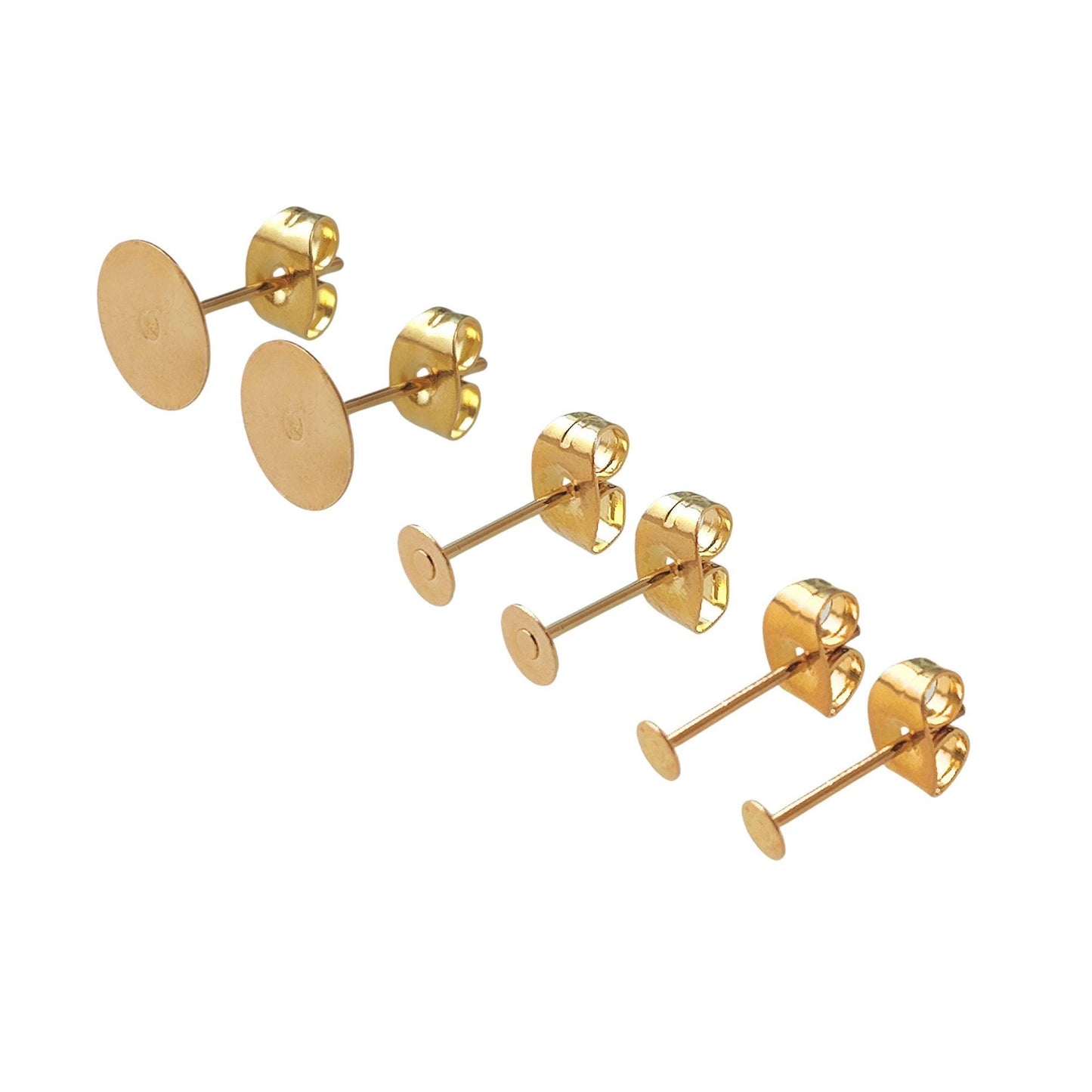 100pcs Stainless Steel Gold Plate Flat Pad Earring Studs with backs 3/4/5/6/8/10/12mm Flat Back Blank Earring Posts Findings Glue On Posts