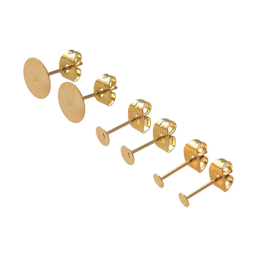 100pcs Stainless Steel Gold Plate Flat Pad Earring Studs with backs 3/4/5/6/8/10/12mm Flat Back Blank Earring Posts Findings Glue On Posts