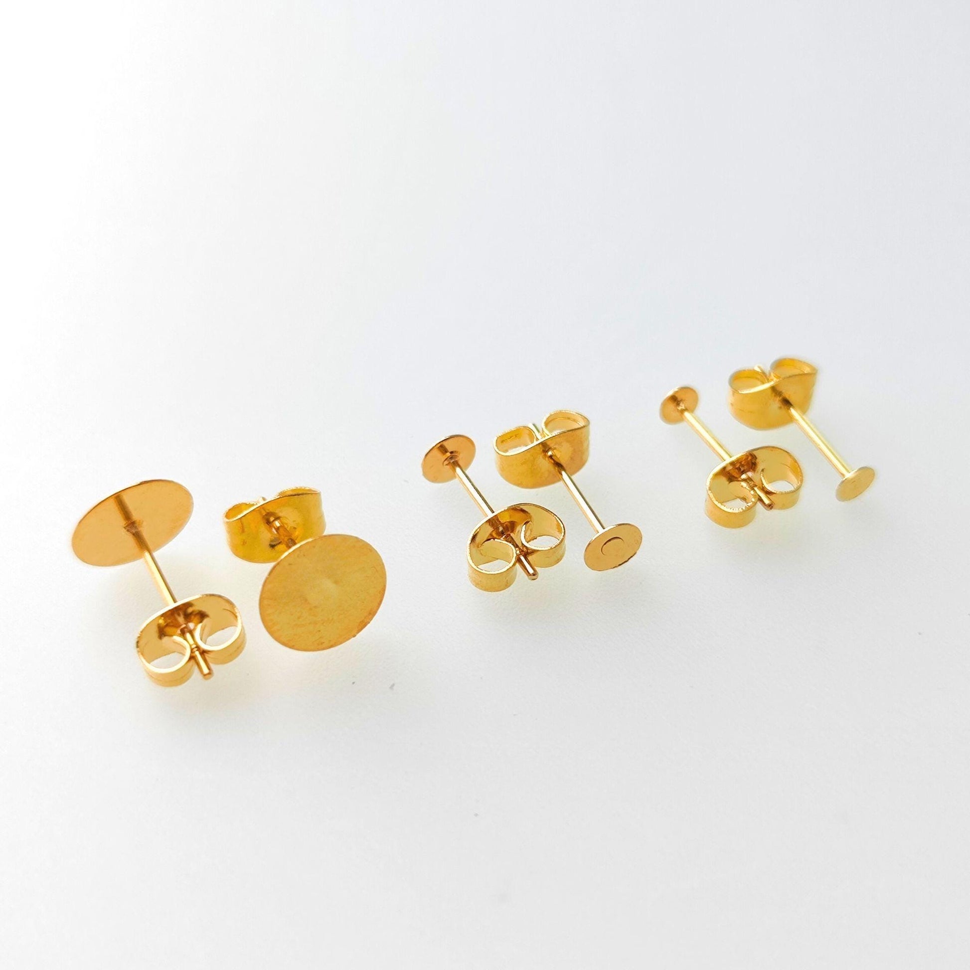100pcs Stainless Steel Gold Plate Flat Pad Earring Studs with backs 3/4/5/6/8/10/12mm Flat Back Blank Earring Posts Findings Glue On Posts