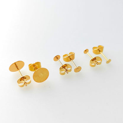 100pcs Stainless Steel Gold Plate Flat Pad Earring Studs with backs 3/4/5/6/8/10/12mm Flat Back Blank Earring Posts Findings Glue On Posts