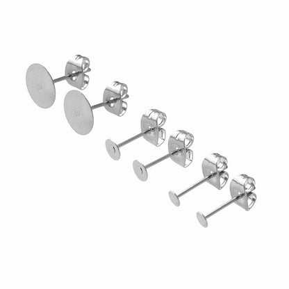 100pcs Stainless Steel Flat Pad Earring Studs with backs 3/4/5/6/8/10/12mm Flat Back Blank Earring Posts Findings Glue On Posts