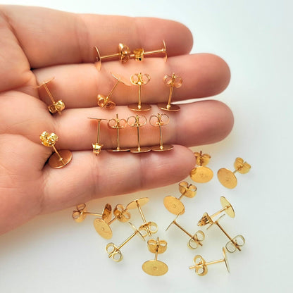 100pcs Stainless Steel Gold Plate Flat Pad Earring Studs with backs 3/4/5/6/8/10/12mm Flat Back Blank Earring Posts Findings Glue On Posts