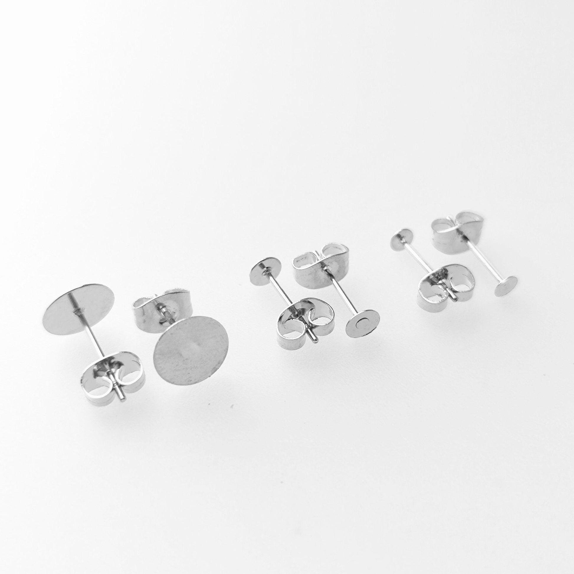 100pcs Stainless Steel Flat Pad Earring Studs with backs 3/4/5/6/8/10/12mm Flat Back Blank Earring Posts Findings Glue On Posts