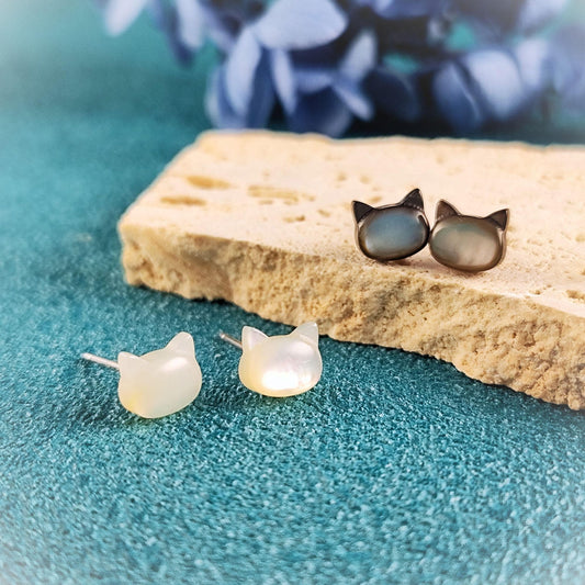 Hand carved White and Black Cat Mother of Pearl Stud Earrings Animal Sterling Silver Post Stud Earrings, Natural Mother of Pearl Earrings