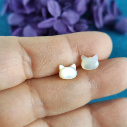 Hand carved White and Black Cat Mother of Pearl Stud Earrings Animal Sterling Silver Post Stud Earrings, Natural Mother of Pearl Earrings