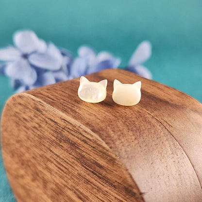 Hand carved White and Black Cat Mother of Pearl Stud Earrings Animal Sterling Silver Post Stud Earrings, Natural Mother of Pearl Earrings