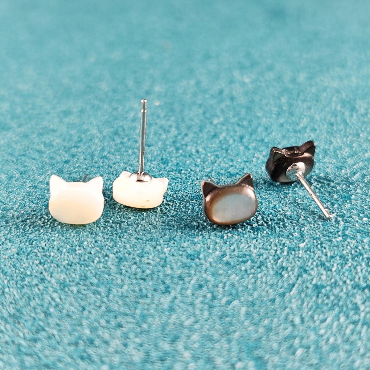Hand carved White and Black Cat Mother of Pearl Stud Earrings Animal Sterling Silver Post Stud Earrings, Natural Mother of Pearl Earrings